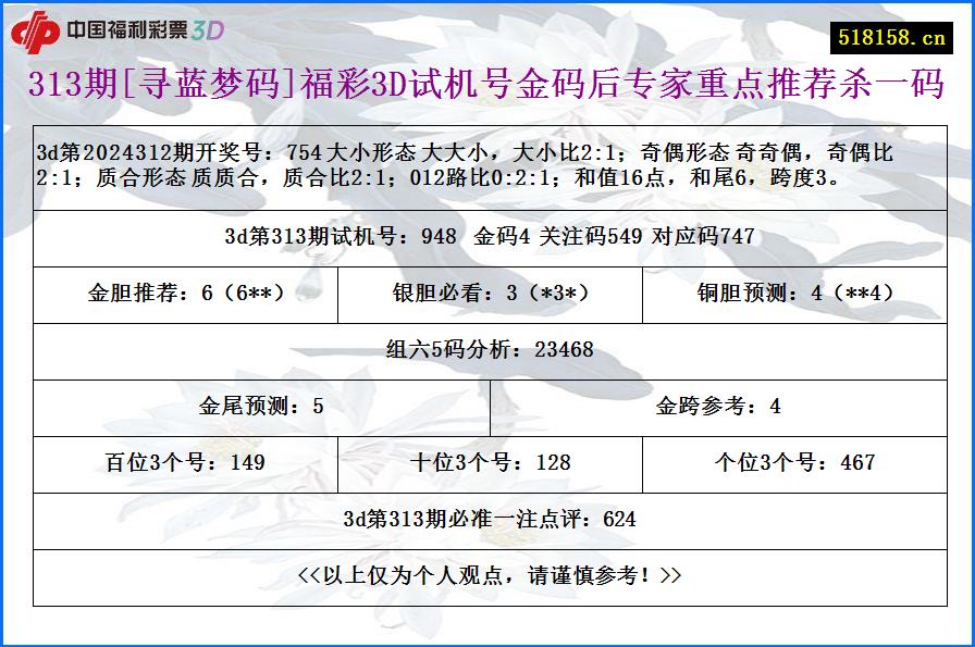 313期[寻蓝梦码]福彩3D试机号金码后专家重点推荐杀一码