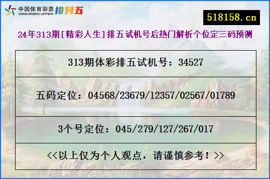 24年313期[精彩人生]排五试机号后热门解析个位定三码预测