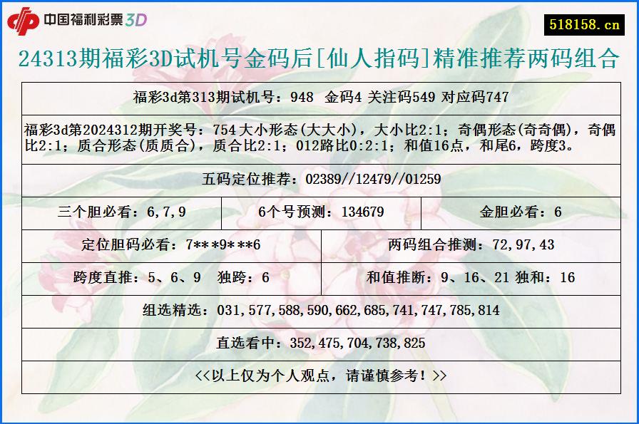 24313期福彩3D试机号金码后[仙人指码]精准推荐两码组合