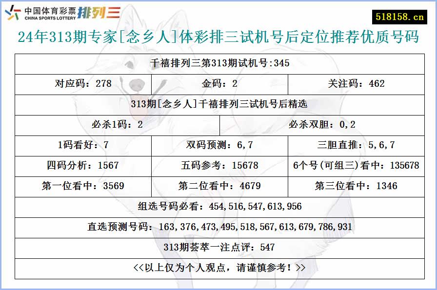 24年313期专家[念乡人]体彩排三试机号后定位推荐优质号码