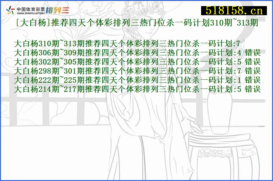 [大白杨]推荐四天个体彩排列三热门位杀一码计划310期~313期