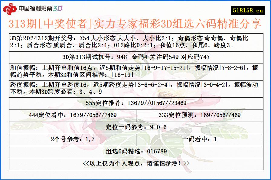 313期[中奖使者]实力专家福彩3D组选六码精准分享