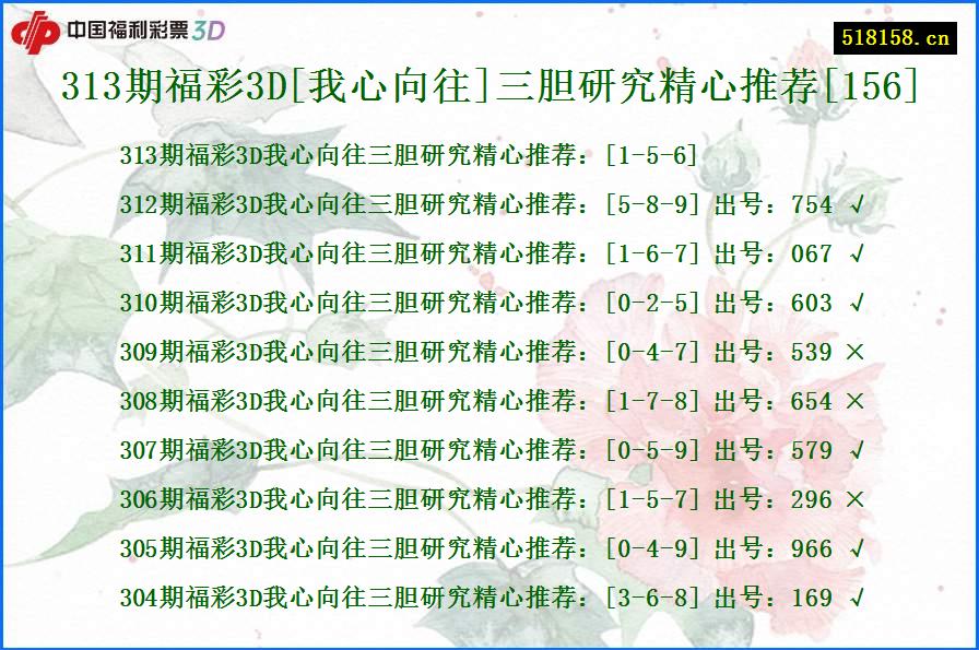 313期福彩3D[我心向往]三胆研究精心推荐[156]