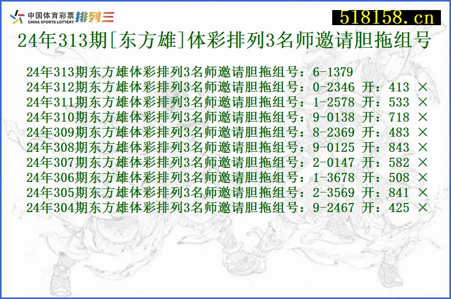 24年313期[东方雄]体彩排列3名师邀请胆拖组号