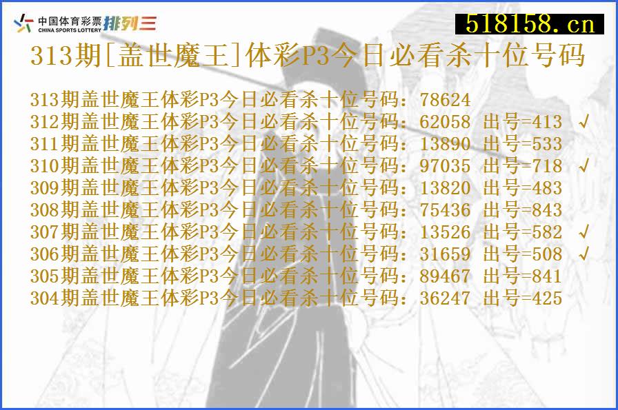 313期[盖世魔王]体彩P3今日必看杀十位号码