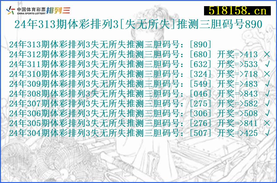 24年313期体彩排列3[失无所失]推测三胆码号890