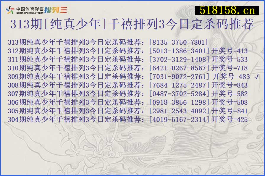 313期[纯真少年]千禧排列3今日定杀码推荐