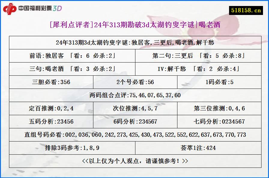 [犀利点评者]24年313期勘破3d太湖钓叟字谜|喝老酒