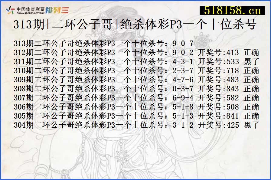 313期[二环公子哥]绝杀体彩P3一个十位杀号