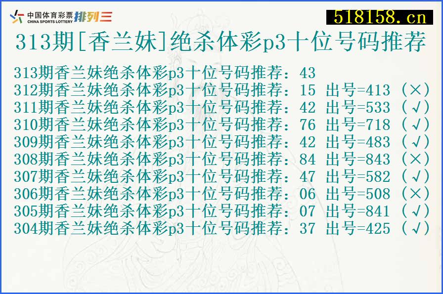 313期[香兰妹]绝杀体彩p3十位号码推荐