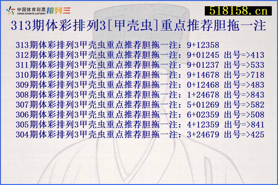 313期体彩排列3[甲壳虫]重点推荐胆拖一注