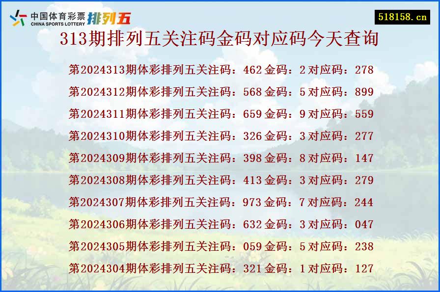 313期排列五关注码金码对应码今天查询