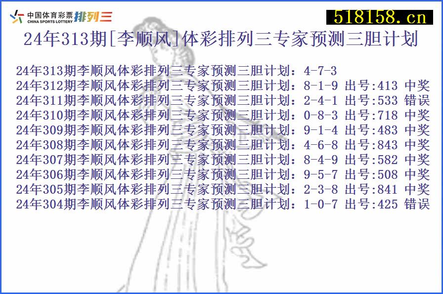 24年313期[李顺风]体彩排列三专家预测三胆计划