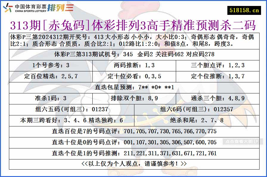 313期[赤兔码]体彩排列3高手精准预测杀二码