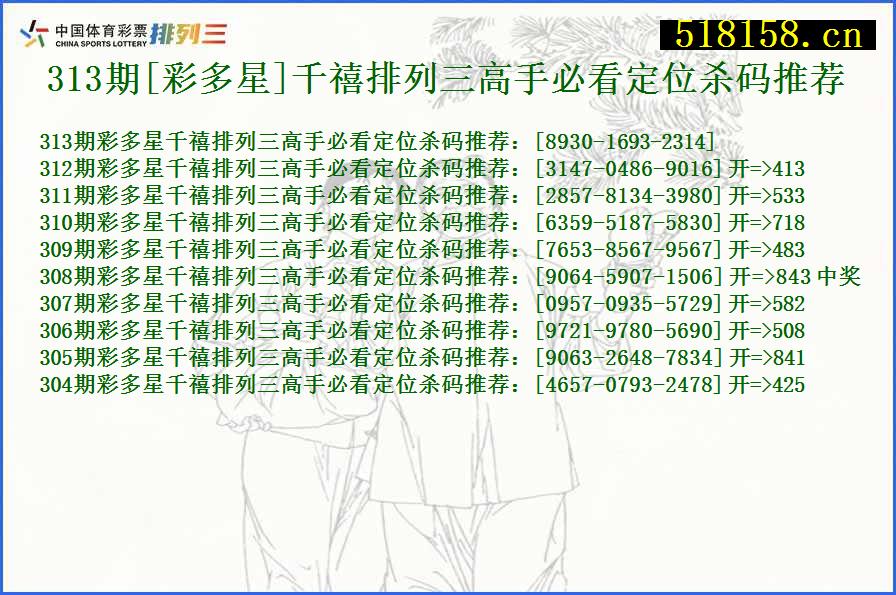 313期[彩多星]千禧排列三高手必看定位杀码推荐