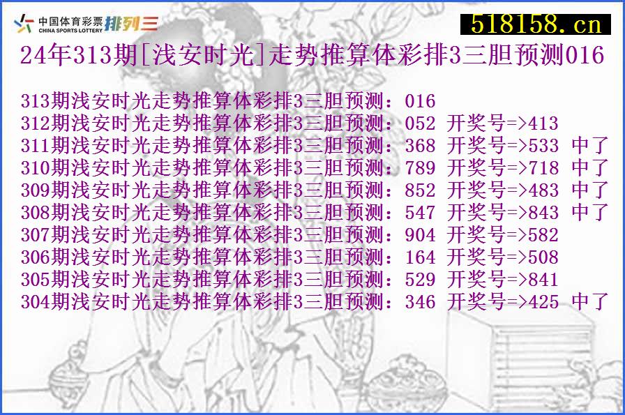 24年313期[浅安时光]走势推算体彩排3三胆预测016