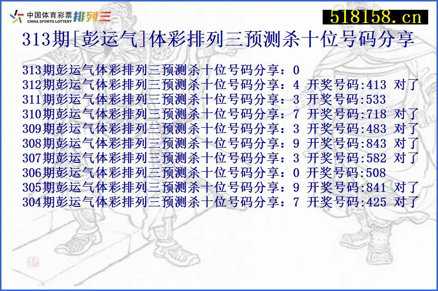 313期[彭运气]体彩排列三预测杀十位号码分享