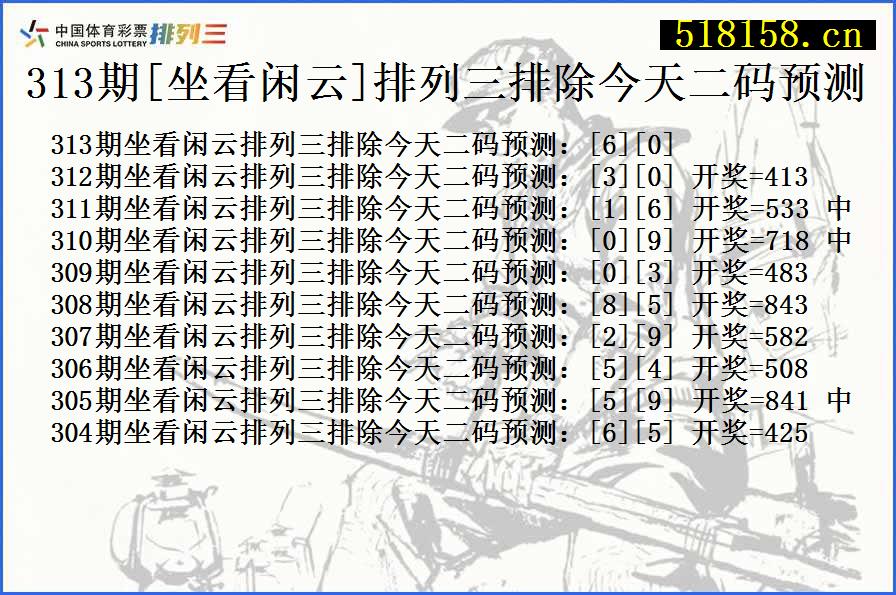 313期[坐看闲云]排列三排除今天二码预测