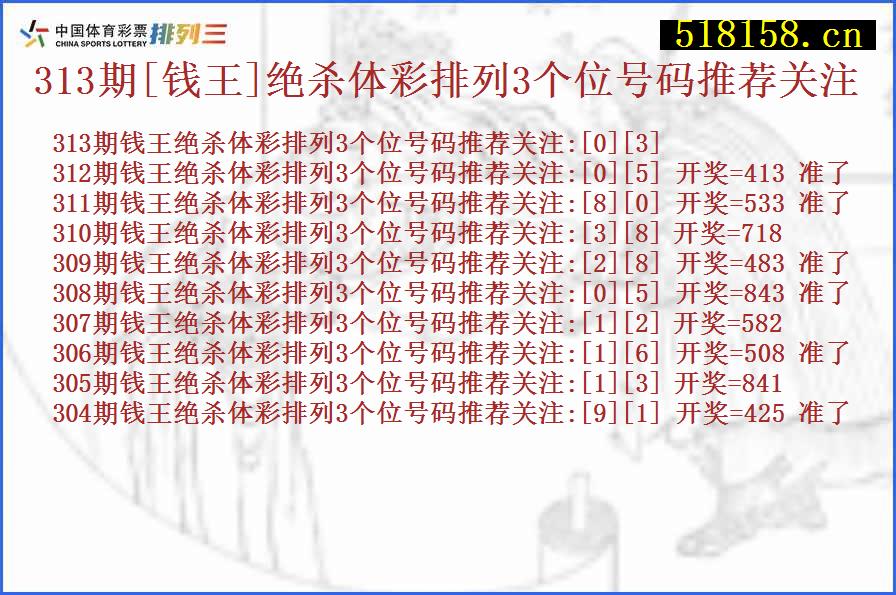 313期[钱王]绝杀体彩排列3个位号码推荐关注