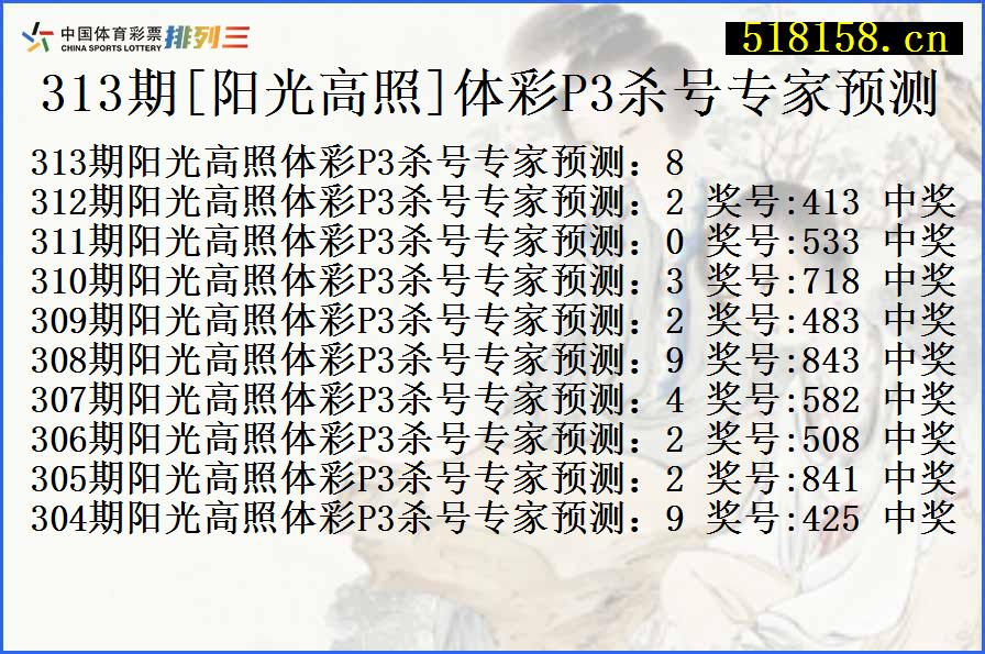 313期[阳光高照]体彩P3杀号专家预测