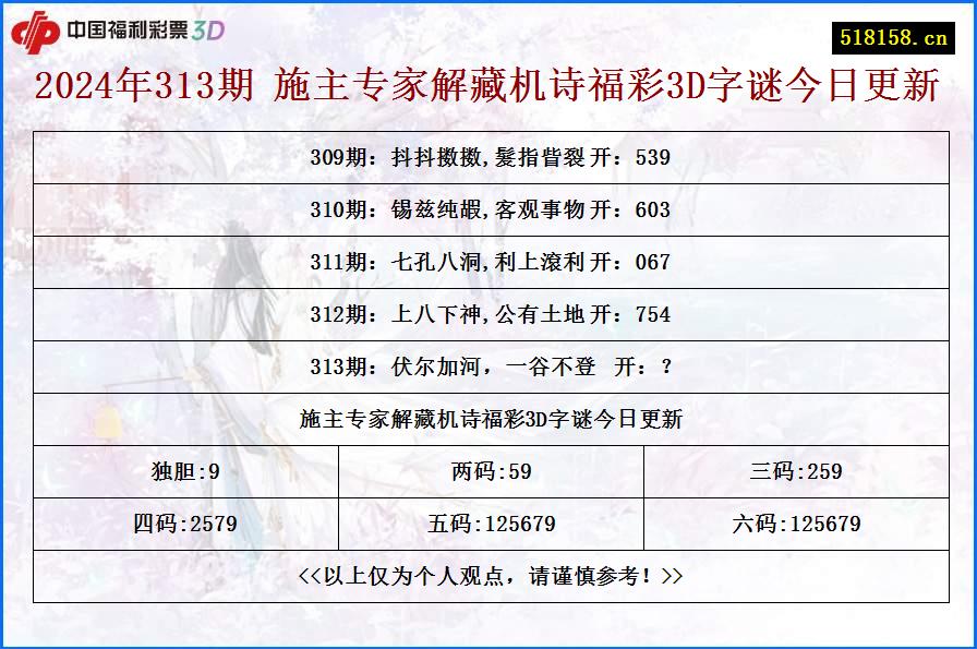 2024年313期 施主专家解藏机诗福彩3D字谜今日更新