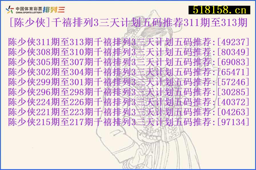 [陈少侠]千禧排列3三天计划五码推荐311期至313期