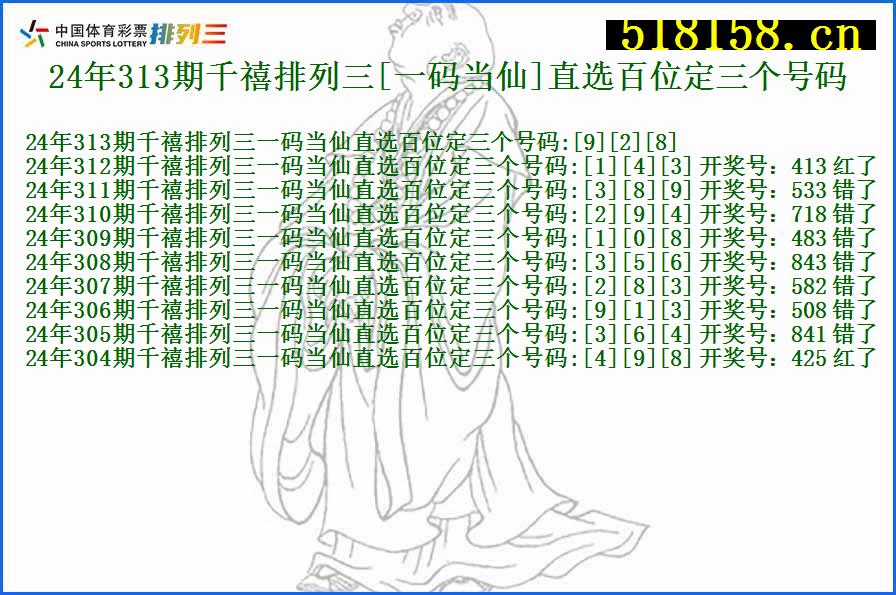 24年313期千禧排列三[一码当仙]直选百位定三个号码