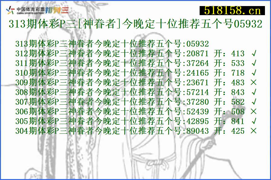 313期体彩P三[神眷者]今晚定十位推荐五个号05932