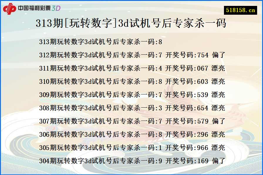 313期[玩转数字]3d试机号后专家杀一码