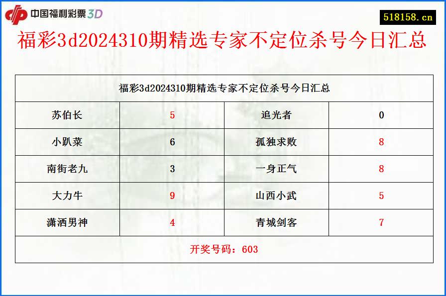 福彩3d2024310期精选专家不定位杀号今日汇总