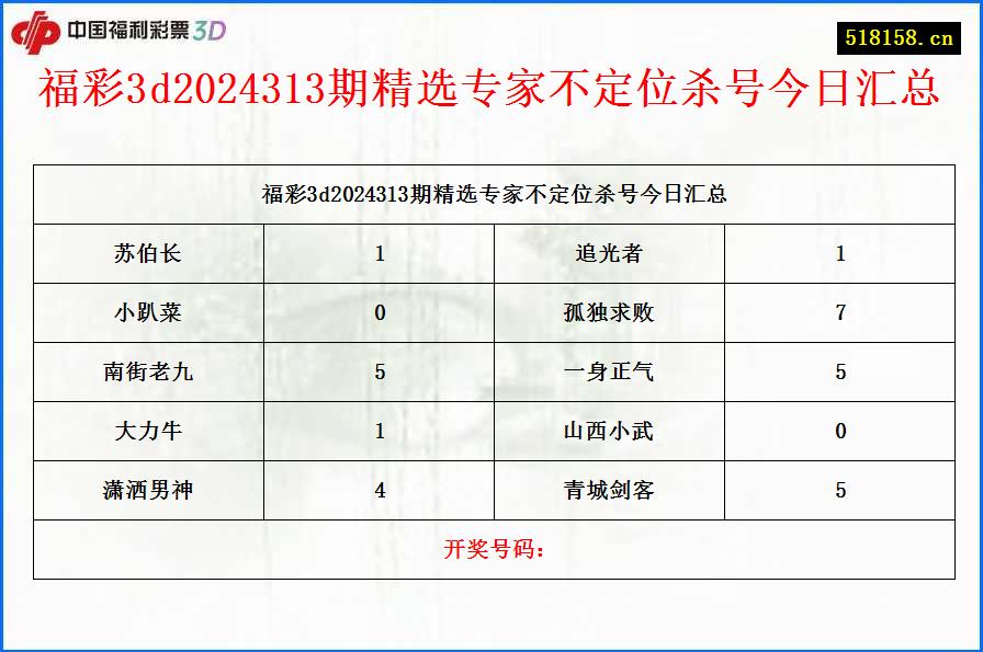 福彩3d2024313期精选专家不定位杀号今日汇总