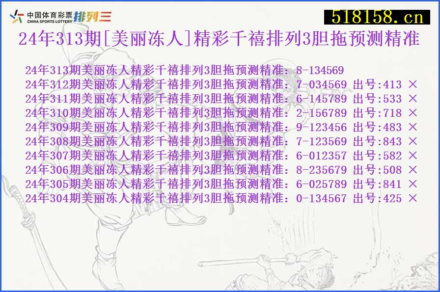 24年313期[美丽冻人]精彩千禧排列3胆拖预测精准