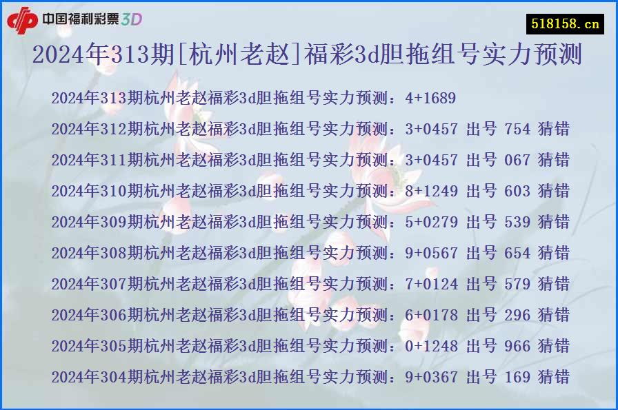 2024年313期[杭州老赵]福彩3d胆拖组号实力预测