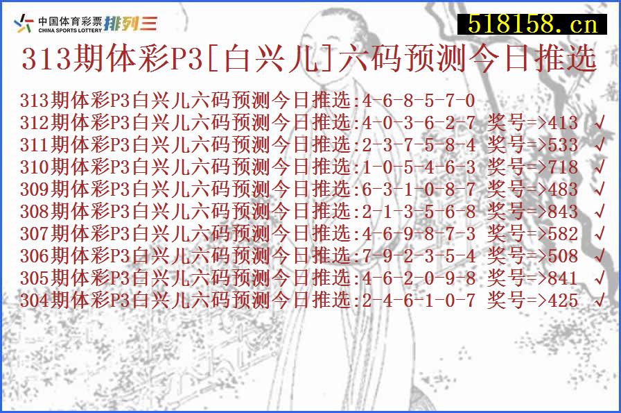 313期体彩P3[白兴儿]六码预测今日推选