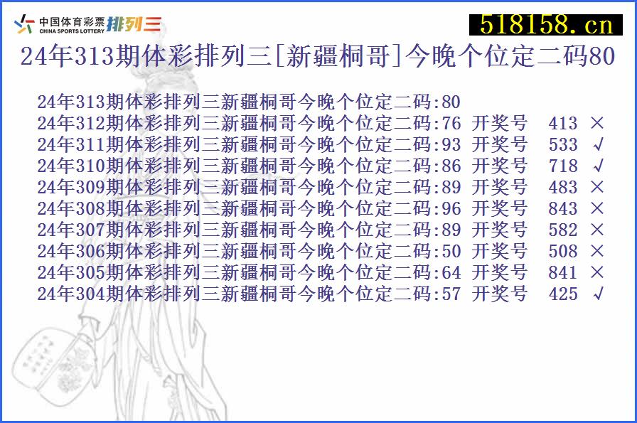 24年313期体彩排列三[新疆桐哥]今晚个位定二码80