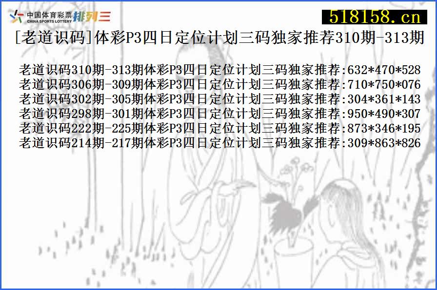 [老道识码]体彩P3四日定位计划三码独家推荐310期-313期