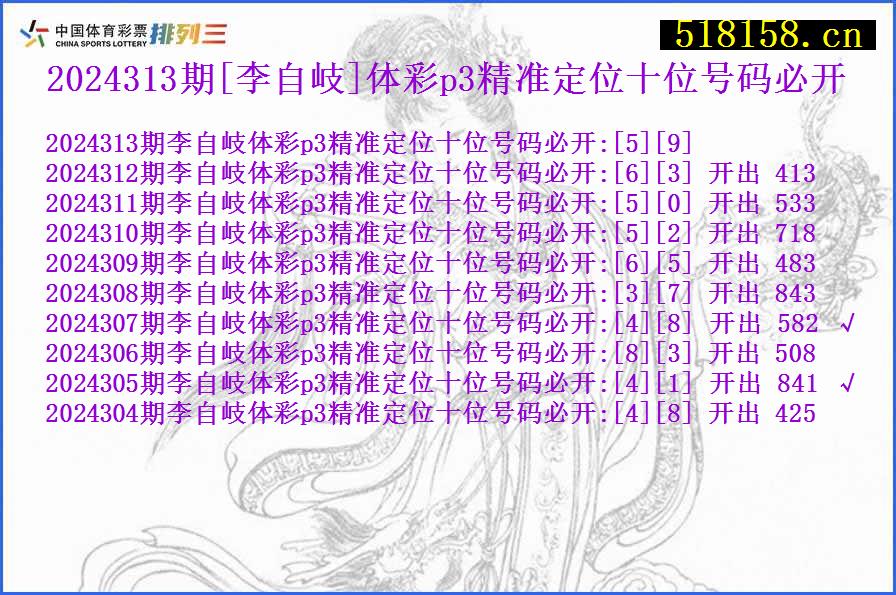 2024313期[李自岐]体彩p3精准定位十位号码必开