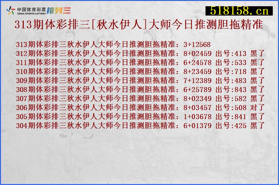 313期体彩排三[秋水伊人]大师今日推测胆拖精准