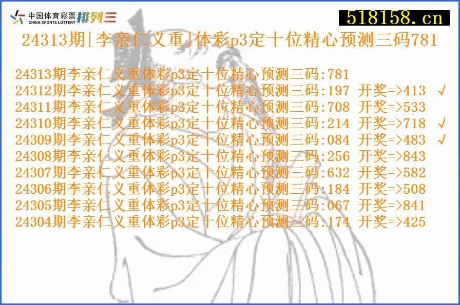 24313期[李亲仁义重]体彩p3定十位精心预测三码781