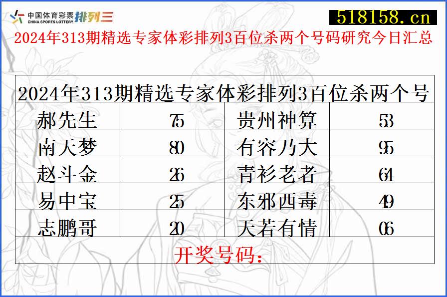 2024年313期精选专家体彩排列3百位杀两个号码研究今日汇总