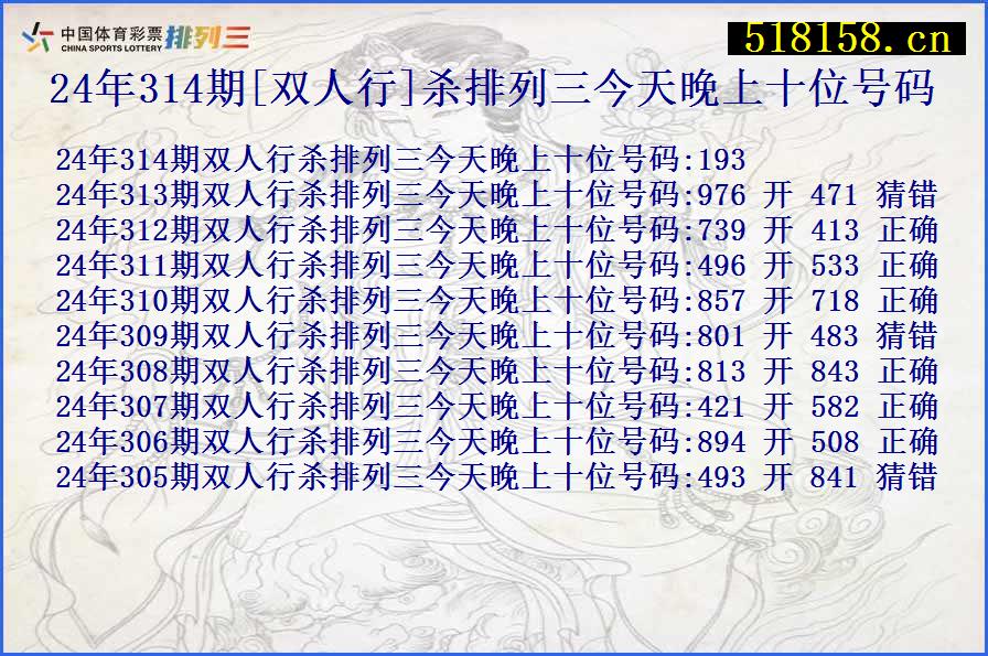 24年314期[双人行]杀排列三今天晚上十位号码