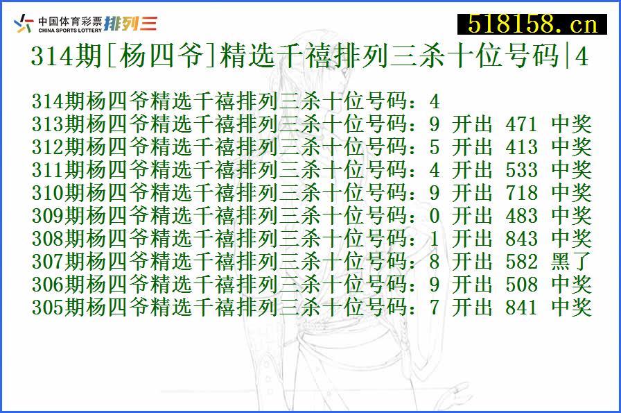 314期[杨四爷]精选千禧排列三杀十位号码|4