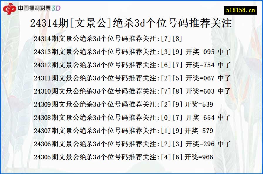 24314期[文景公]绝杀3d个位号码推荐关注