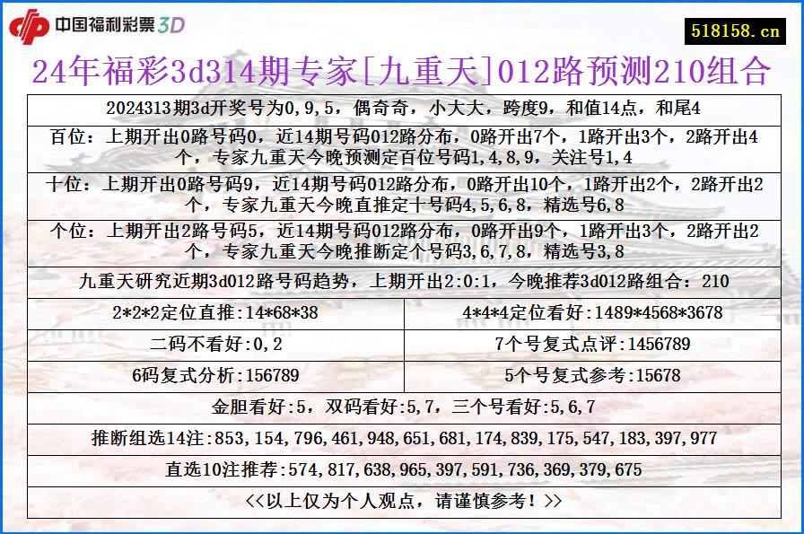 24年福彩3d314期专家[九重天]012路预测210组合