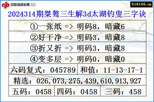 2024314期桀骜三生解3d太湖钓叟三字诀