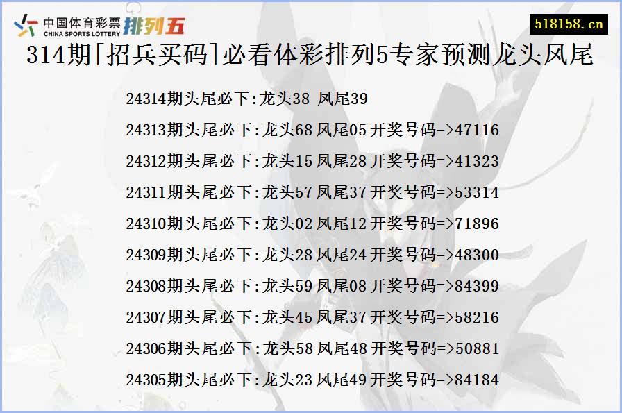 314期[招兵买码]必看体彩排列5专家预测龙头凤尾