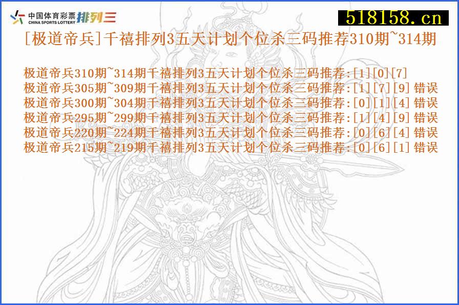 [极道帝兵]千禧排列3五天计划个位杀三码推荐310期~314期