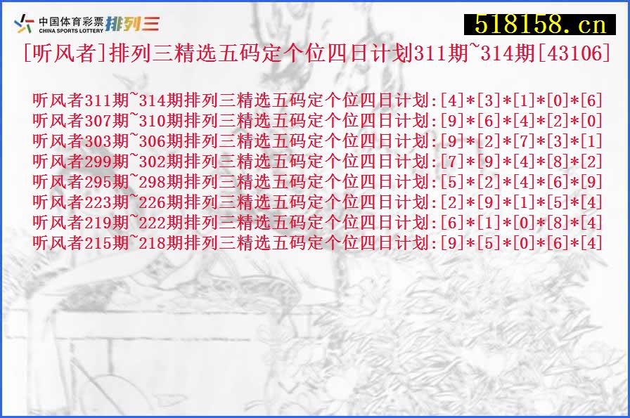 [听风者]排列三精选五码定个位四日计划311期~314期[43106]