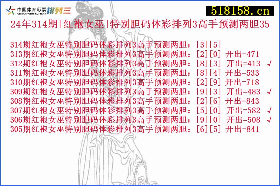 24年314期[红袍女巫]特别胆码体彩排列3高手预测两胆35