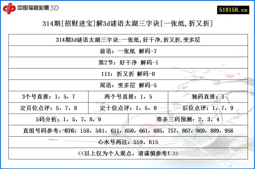 314期[招财进宝]解3d谜语太湖三字诀[一张纸,折又折]